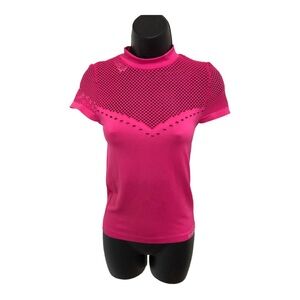 Bebe hot pink mesh rhinestone bebe logo scuba fit stretch active top size medium